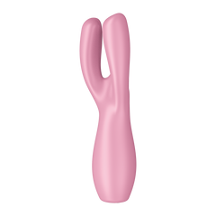 Angled view of pink Threesome 3 vibrator showing two-arm flexible fork and ergonomic handle