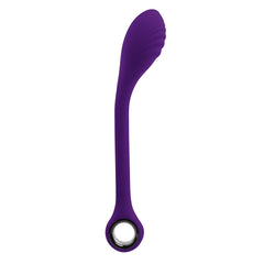 Angled view of purple silicone G-Spot Vibrator emphasizing ridged head and gently curved stem