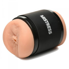 Angled rear view of Mistress Double Shot stroker displaying textured anal entry and branded casing