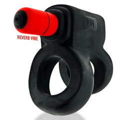 Angled view of REVHAMMER dual cock ring showing red bullet vibe seated in top housing