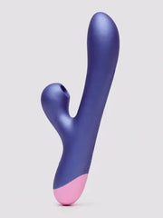 Angled view of Romp Pulse rabbit vibrator highlighting air-pulse port on clitoral stimulator arm