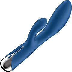 Angled view of Satisfyer Spinning Rabbit 1 showing control buttons and chrome base detail