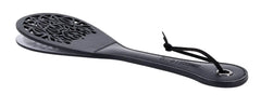 Angled view of Sex & Mischief Lace Spanker showing embossed brand name on leather handle
