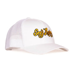 Angled view of Sexy Living white cap highlighting raised gold and black embroidered lettering