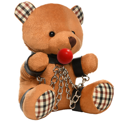 Angled side view of bondage bear plush highlighting plaid fabric accents and chain links