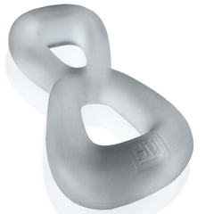 Angled side view of Boomerang cockring showing figure-8 form and flexible silicone construction