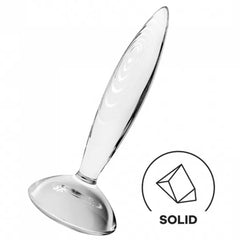 Angled side view of clear solid glass dildo beside solid material icon on white background
