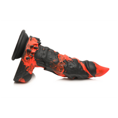 Angled side view of Fire Demon dildo showing full shaft texture and flat suction cup base