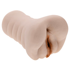 Angled side view of the freestanding stroker insert highlighting its contoured ribbed body