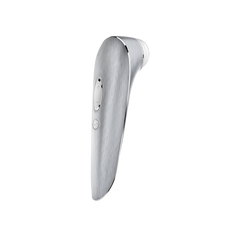 Angled side view of High Fashion silver stimulator highlighting slim ergonomic silhouette and controls