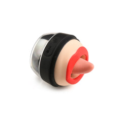 Angled side view of Lady Licker with extended tongue insert, red silicone lips, and USB charging port area