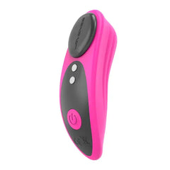 Angled side view of Lovense Ferri pink vibrator highlighting ribbed texture and controls