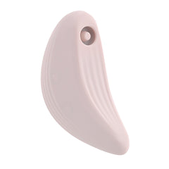 Angled side view of Palm blush pink vibrator highlighting ribbed texture detail