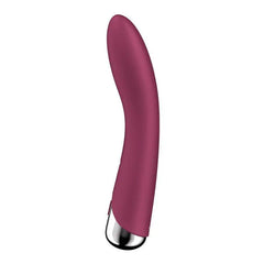 Angled side profile of Spinning Vibe 1 displaying smooth silicone curve and chrome base