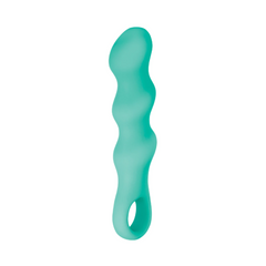 Angled side view of teal Triple Teaser vibrator highlighting curved rippled shaft and loop handle