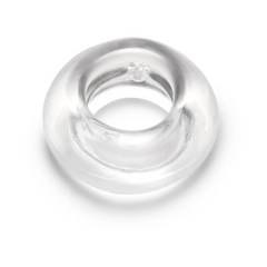 Angled top-down view of transparent cock ring highlighting its wide inner channel and soft finish