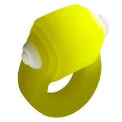 Angled top view of Oxballs Glowdick yellow cock ring highlighting ribbed LED housing