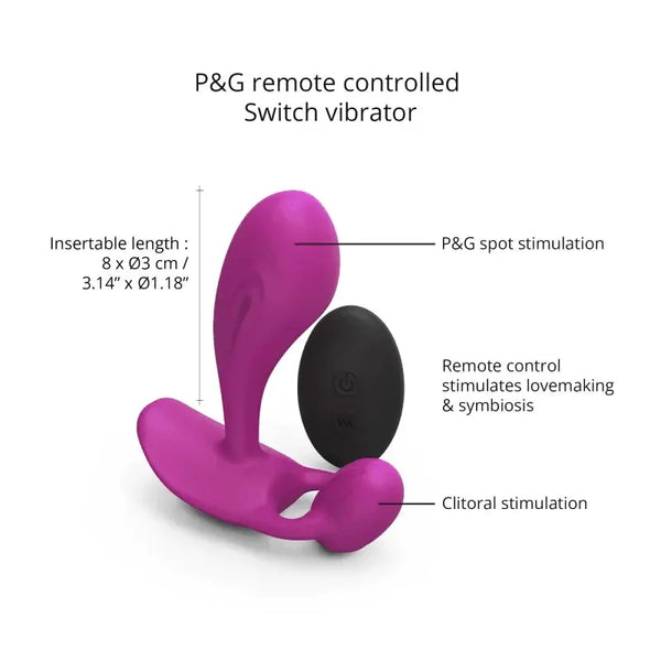 Annotated view showing 8x3 cm insertable length, P&G stimulation, and clitoral arm
