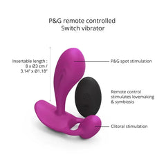 Annotated view showing 8x3 cm insertable length, P&G stimulation, and clitoral arm