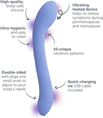 Annotated diagram of heated vibrating massager noting body-safe silicone and USB charging port