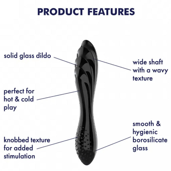 Annotated feature guide for Dazzling Crystal 1 solid glass dildo, knobbed texture