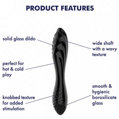 Annotated feature guide for Dazzling Crystal 1 solid glass dildo, knobbed texture