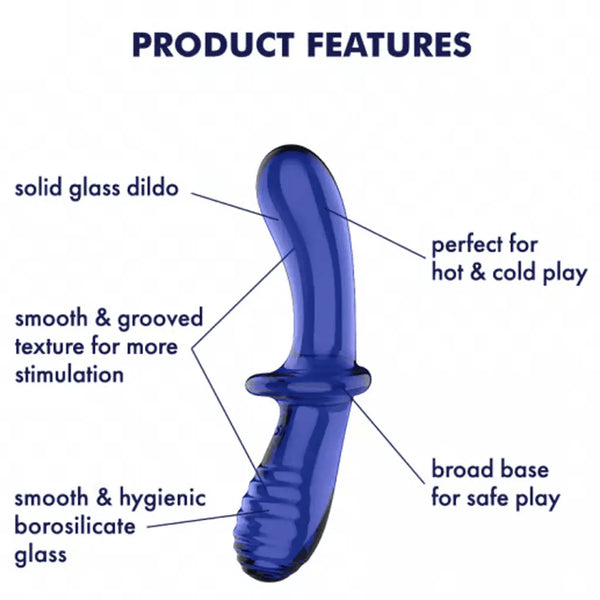 Annotated product features of blue glass dildo noting hygienic borosilicate glass material