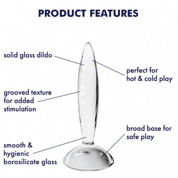 Annotated product features of clear glass dildo: grooved texture, hygienic glass, broad base
