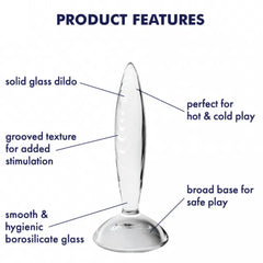 Annotated product features of clear glass dildo: grooved texture, hygienic glass, broad base