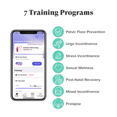 App screen listing 7 pelvic floor training programs including post-natal recovery and prolapse