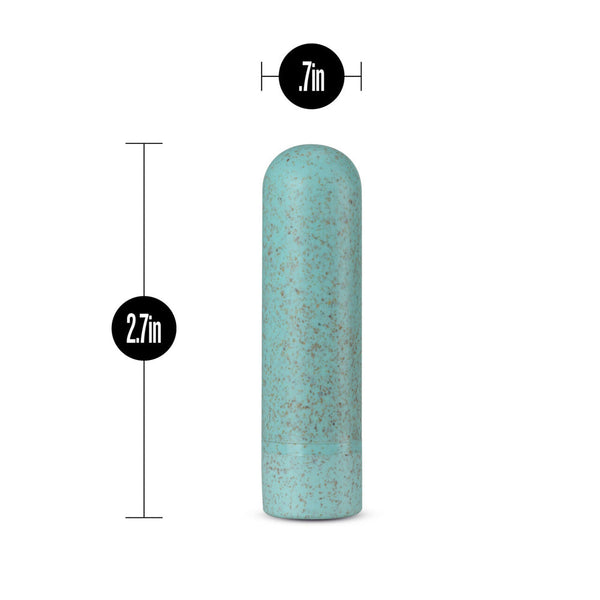 Aqua bullet vibrator with size dimensions labeled: 2.7in length by 0.7in width