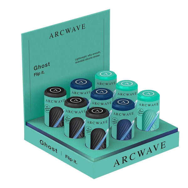 Arcwave Ghost 9-pack retail display in teal, showing three silicone sleeve color variants