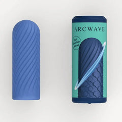 Arcwave Ghost blue stroker next to branded packaging showing dual-texture reversible sleeve detail