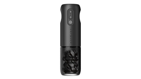 Arcwave Orbit rotating stroker, front view, matte black finish with textured silicone sleeve