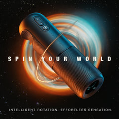 Arcwave Orbit stroker angled against cosmic background highlighting 360-degree rotation feature