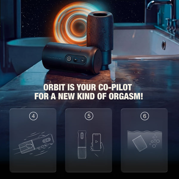 Arcwave Orbit stroker displayed near bathtub alongside six-step usage and cleaning icon guide
