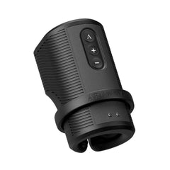 Arcwave Zing stroker angled view showing ribbed grip, three control buttons, and charging contacts