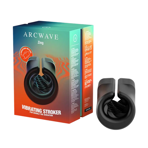 Arcwave Zing vibrating stroker beside its gradient teal-orange retail box, matte black finish