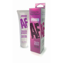 Aroused AF 1.5oz cream tube displayed next to its pink and white retail packaging