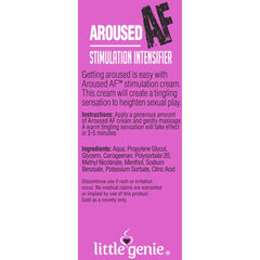 Aroused AF Stimulation Intensifier ingredient list and directions on pink panel