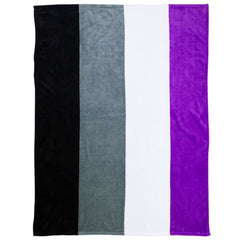 Asexual pride blanket laid flat showing full black, grey, white, and purple vertical stripe design
