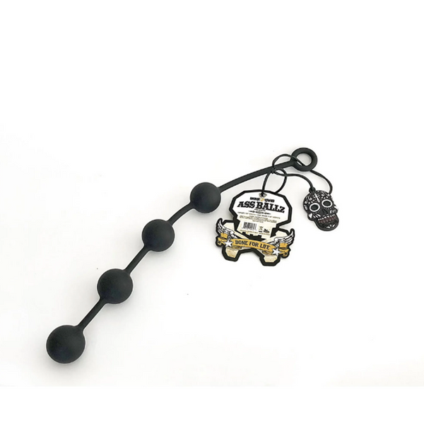 Ass Ballz Silicone anal beads in black with branded skull hang tag attached
