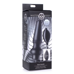 Ass-Pand large inflatable silicone anal plug shown in dark retail box with size diagram