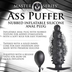 Ass Puffer product description card highlighting inflatable nubbed silicone anal plug features
