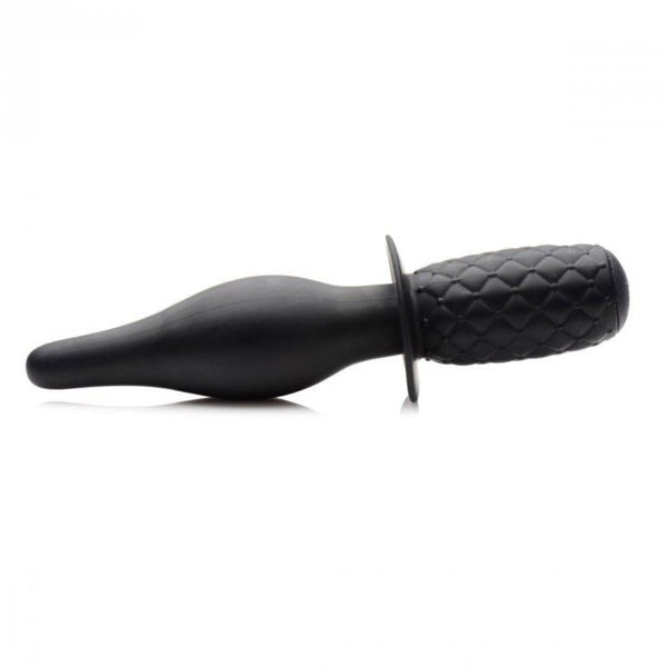 Ass Thumpers The Drop black silicone vibrating thruster shown horizontally, tapered tip and quilted handle