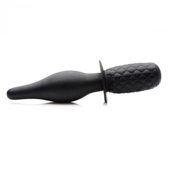 Ass Thumpers The Drop black silicone vibrating thruster shown horizontally, tapered tip and quilted handle