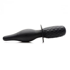 Ass Thumpers The Drop black silicone vibrating thruster shown horizontally, tapered tip and quilted handle