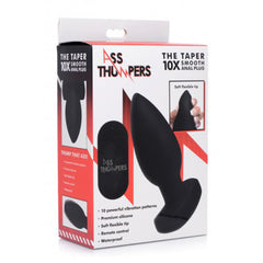Ass Thumpers The Taper 10X Smooth Anal Plug retail packaging highlighting remote control and vibration modes