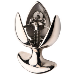 Close-up of Ass Vault's internal screw mechanism with petals fully open, stainless steel finish