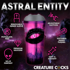 Astral Entity stroker feature callout: removable sleeve, adjustable suction, premium silicone